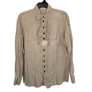 Lodenfrey womens Linen Button-Up Tunic Blouse Sz 41 XL Embroidered Horn Buttons